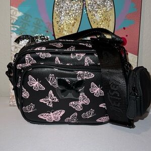 Betsey Johnson Black and Pink Butterfly Crossbody Camera Bag